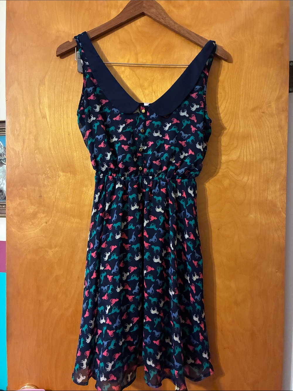 Navy Horse Print Sleeveless Dress with Peter Pan Collar